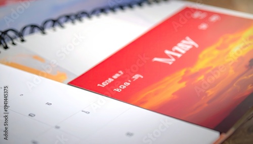 Up-close view of an open spiral-bound calendar, showing a May page