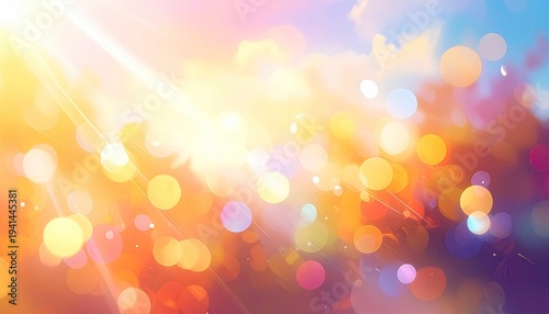 Bright sunlight streams through colorful bokeh and clouds