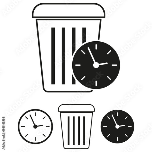 Trash bin Vector. Time waste symbol. Clock recycling icon. Efficiency management concept.