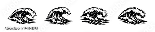 Set of black and white ocean wave silhouettes for nautical themed designs