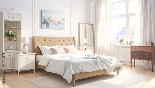 Airy bedroom with light-toned furnishings, large window, and soft light