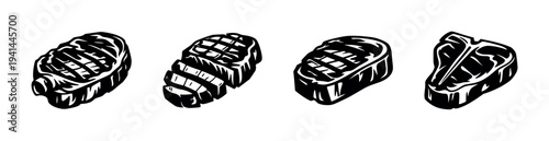 Grilled steak cuts illustration set silhouette of beef cuts in black and white vector