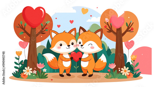 Romantic valentine fox couple collection with various loving poses holding heart and balloons for wedding invitation and love greeting card.