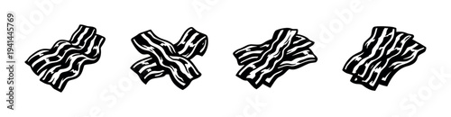 Black and white vector illustration of four stylized bacon strips silhouette