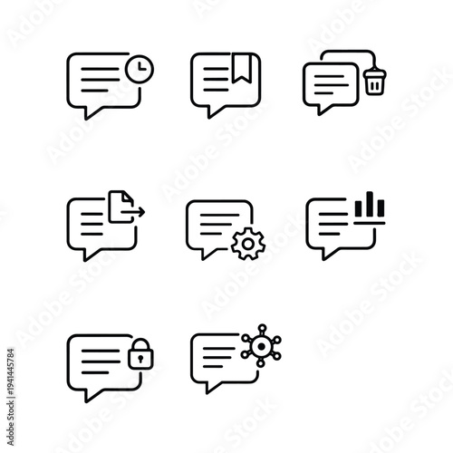 AI Prompt Management Icons, Prompt Workflow and Prompt Engineering Line Icon Set, Chat Bubble AI Tool Interface Vector Symbols