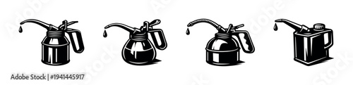 Set of black and white oil cans vector illustration silhouette automotive tools