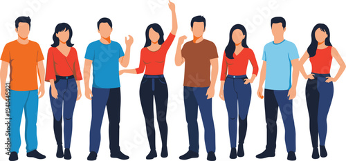 Diverse collection of people including line art sitting poses and flat vector characters standing with smartphones, men and women group for creative design projects.
