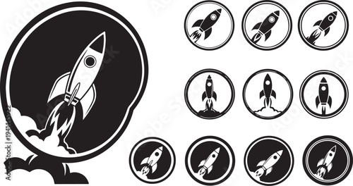Black and white rocket ship icons and launch symbols