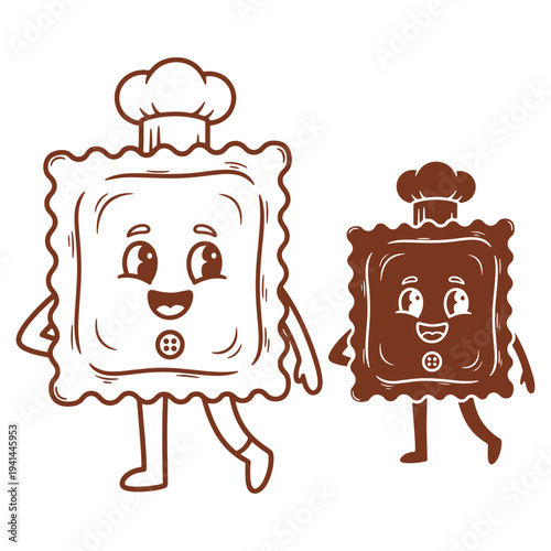 Two cartoon pastries with chef hats walking together isolated on white background