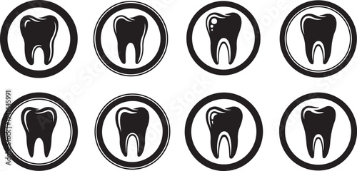 Set of black and white tooth icons in circles