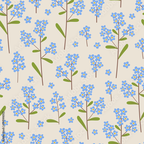 Forget-me-not flower seamless pattern. Delicate myosotis wildflower hand drawn vector illustration. Botanical spring summer nature print. Seasonal floral blossom background.