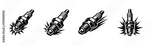 Black and white vector set of spark plugs with dynamic energy burst illustrations