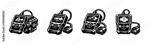 Black and white vector illustration of diagnostic scan tools for automotive repair