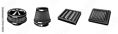 Vector illustration of car air filters in black and white silhouette style