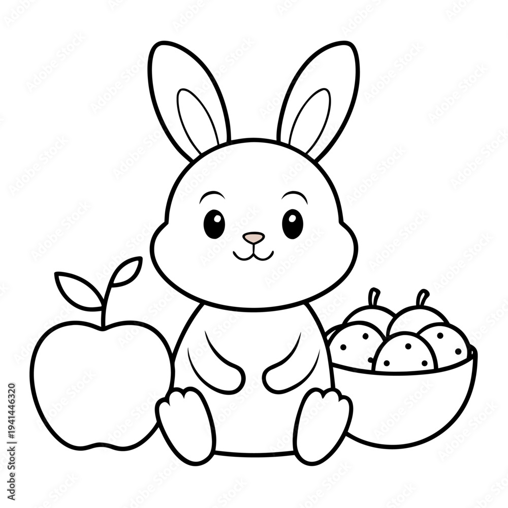 Obraz premium A line art drawing of a small white cartoon rabbit with a pink nose sitting between a large apple and a bowl of fruit.