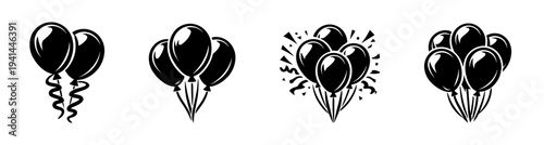 Black and white vector illustrations of balloon silhouettes in various groupings