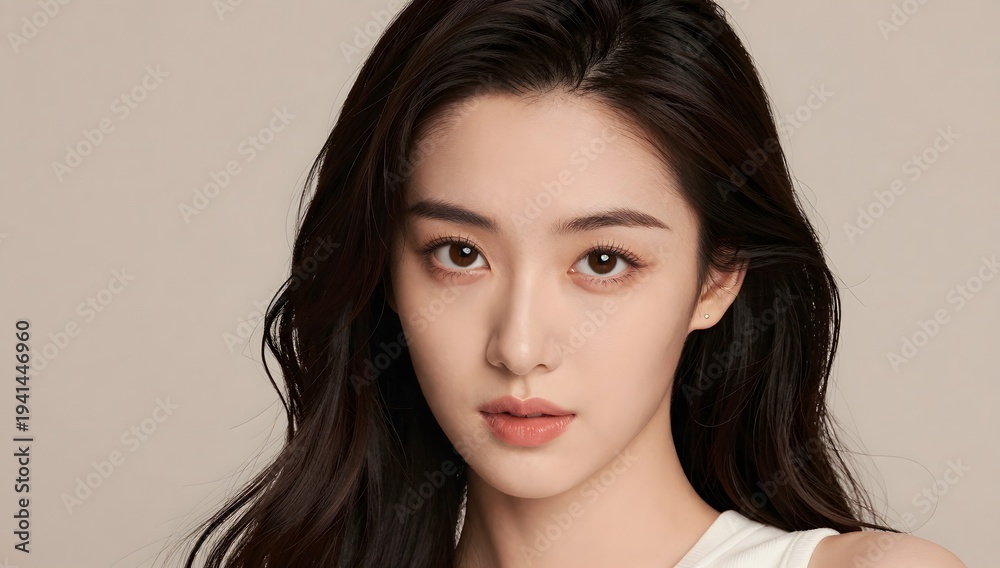 Fototapeta premium Portrait of a beautiful young woman with long dark hair looking at the camera