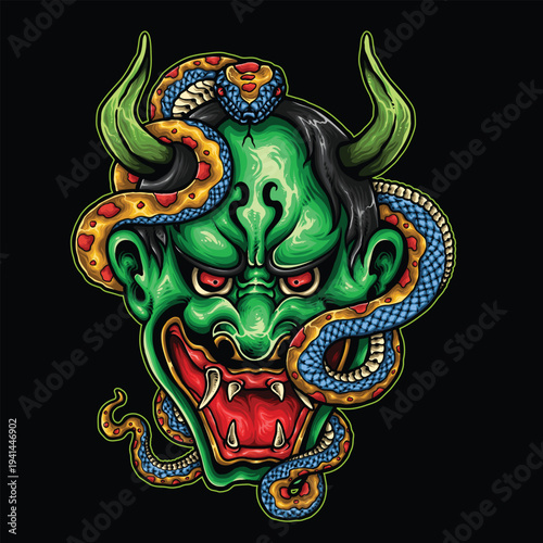 Green japanese oni demon mask with snake illustration, dark fantasy art