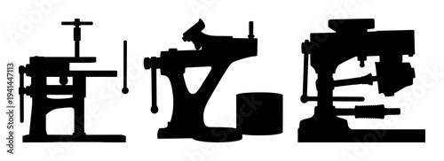 Blacksmith leg vise set with solid black silhouette on white background featuring blacksmith, industrial, mechanical with historical and trade