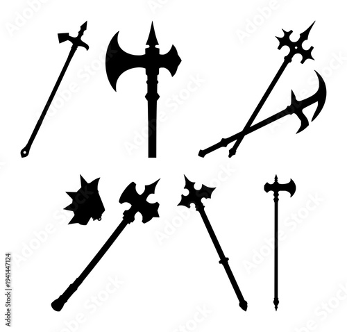 Medieval mace set with solid black silhouette and high contrast featuring weaponry, spiked head, handle with white background and historical design