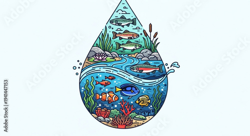 Vibrant underwater world with diverse marine life in a teardrop shape illustrating ocean conservation and ecosystem health