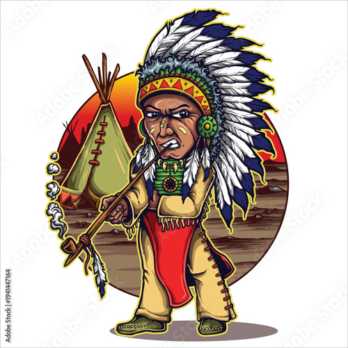 Native american chief illustration, smoking pipe with teepee in background