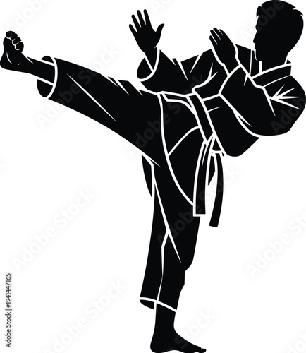 Karate martial artist performing powerful high kick silhouette, martial arts fighter demonstrating combat technique, discipline and strength in traditional gi uniform isolated on white background