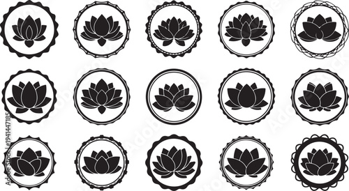 Black lotus flower icons in circular frames on white