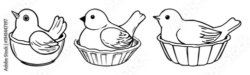 Pie bird set with simple black line art illustration featuring ceramic, kitchenware, baking supplies with utensils and decorative elements