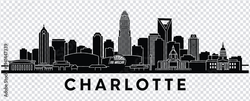 Black and white cityscape of charlotte with various skyscrapers and buildings