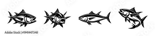 Black and white tuna fish vector illustration set with silhouette designs