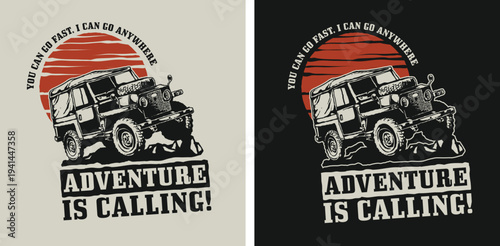 Offroad adventure vehicle driving towards sunset with inspirational text
