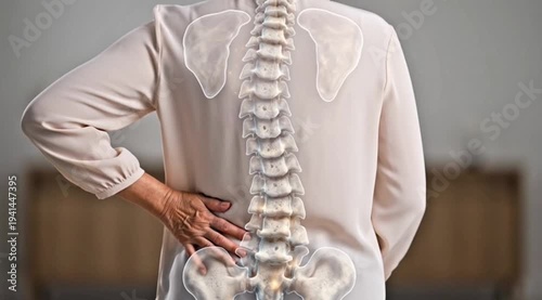 An elderly woman holds her back in pain, then a transparent animation of the spine appears showing osteoporosis.