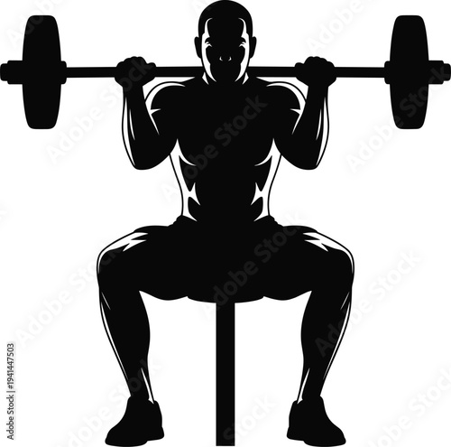 Strong bodybuilder lifting barbell while sitting on bench silhouette, weightlifting athlete training in gym, strength workout, bodybuilding fitness concept isolated on white background