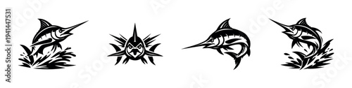 Black and white marlin fish vector illustrations set aquatic animal silhouette art