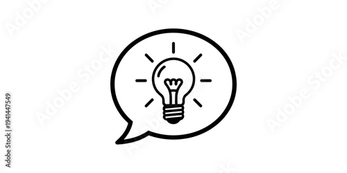 Black and white line of lightbulb in speech bubble with rays idea inspiration innovation