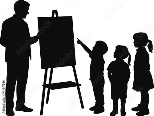 Teacher explaining lesson on board to young students silhouettes, classroom education scene with children learning, pointing and listening during school teaching activity isolated on white