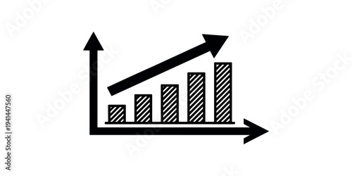 Black and white bar chart with diagonal striped bars and upward trend arrow graph business finance statistics