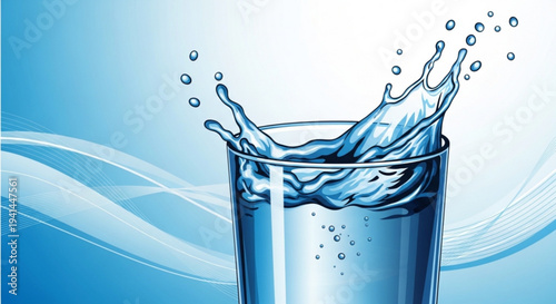 Refreshing glass of clear water with splashing liquid and bubbles on a blue background with wavy lines