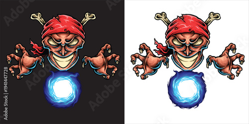 Evil pirate skull with red bandana and glowing orb, spooky character