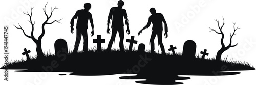 Zombie silhouettes rising from graveyard with tombstones and dead trees, horror halloween cemetery scene illustration representing undead apocalypse isolated on white background