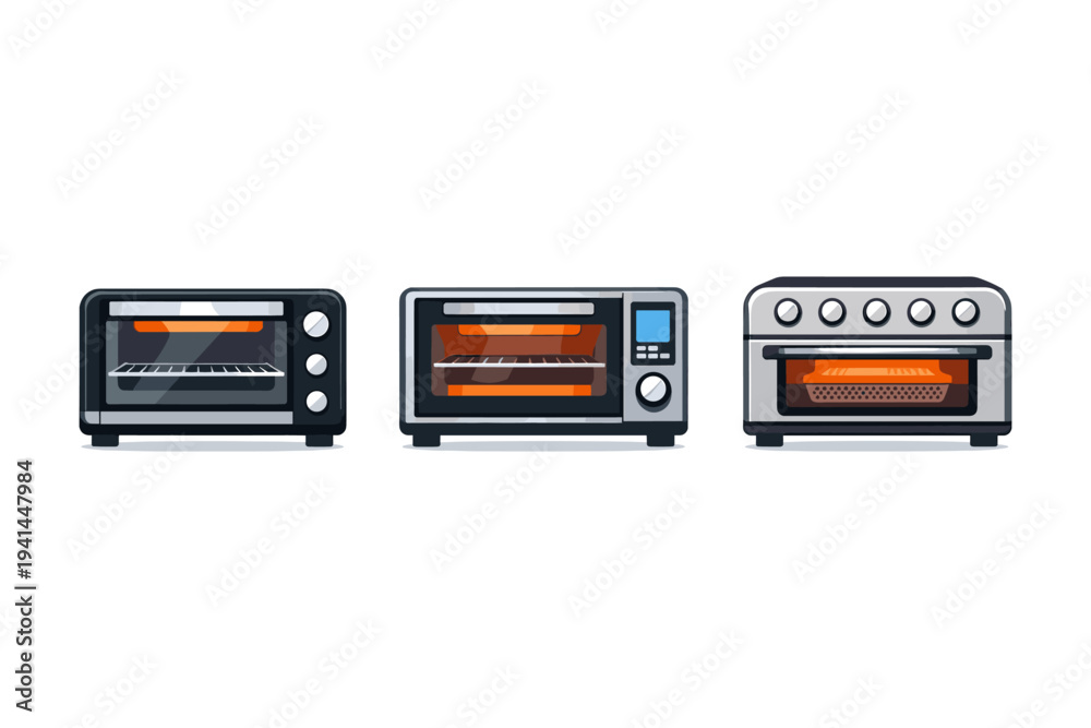 Fototapeta premium Collection of three modern kitchen countertop ovens with glowing heating elements and racks inside