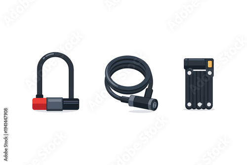 Collection of three different types of bicycle locks for security and anti-theft protection