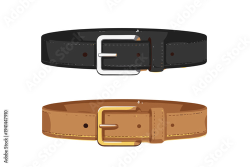 Two leather belts, one black and one brown, with metal buckles on a white background
