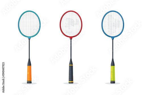 Three colorful badminton rackets arranged side by side on a white background
