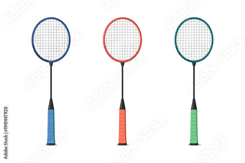 Three colorful badminton rackets arranged in a row on a white background