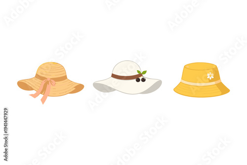 Collection of three stylish summer hats for sun protection and fashion