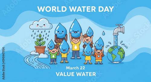 Children celebrate world water day with smiling water droplets and eco friendly theme