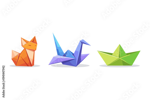 Origami fox, crane, and boat in vibrant colors on a white background