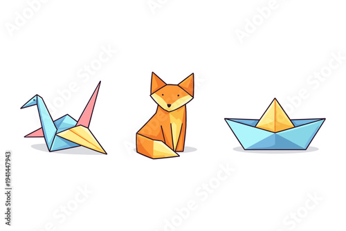 Origami animals and boat collection: a crane, a fox, and a paper boat